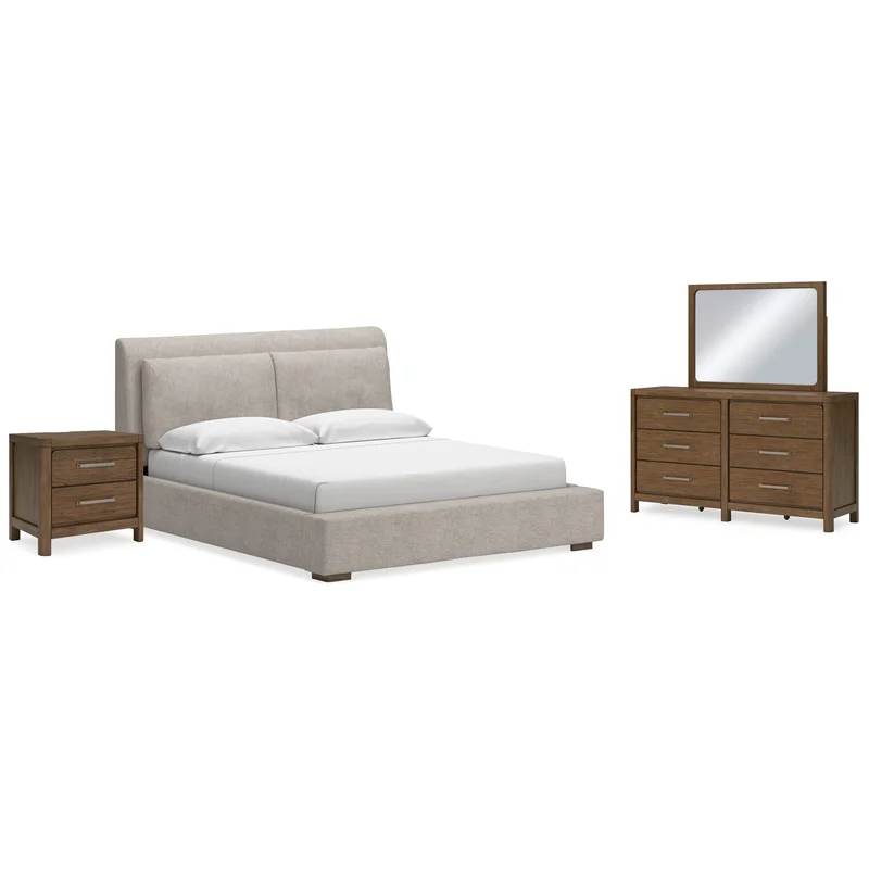 Cabalynn King Upholstered Bed with Mirrored Dresser and Nightstand