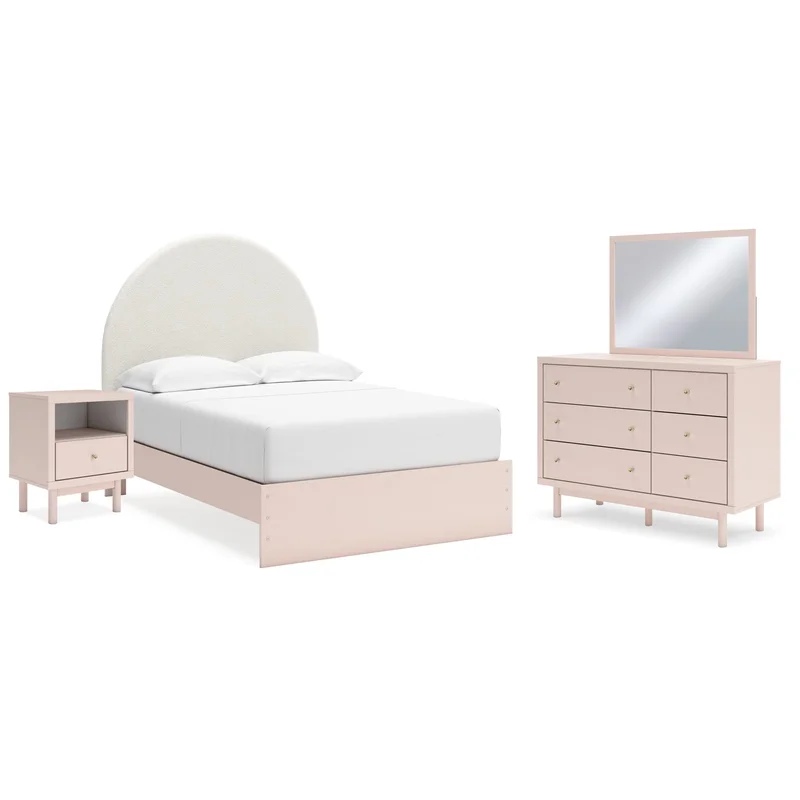 Wistenpine Full Upholstered Panel Bed with Mirrored Dresser and Nightstand