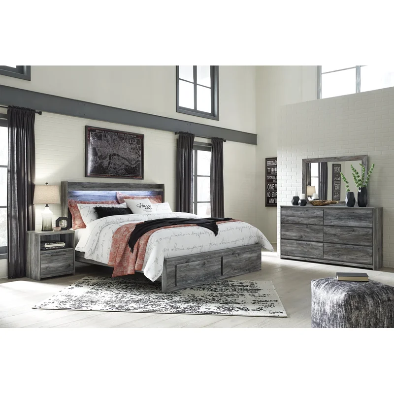 Baystorm King Panel Bed with 2 Storage Drawers with Mirrored Dresser and Nightstand