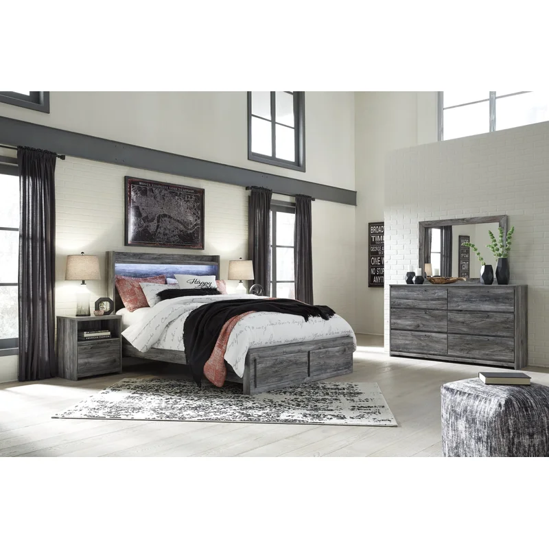 Baystorm Queen Panel Bed with 2 Storage Drawers with Mirrored Dresser and Nightstand