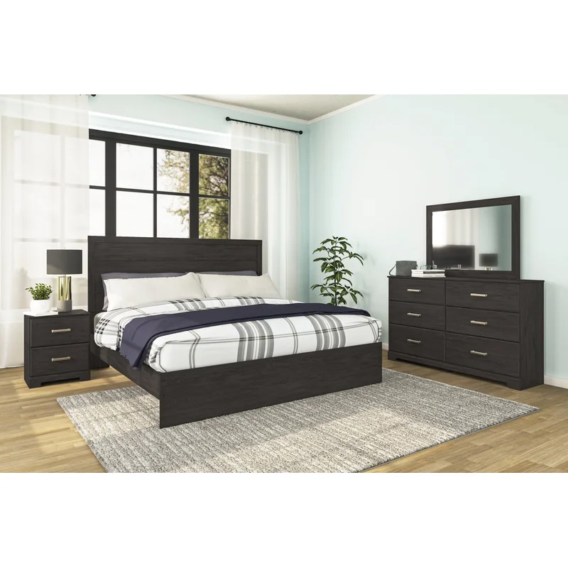 Belachime King Panel Bed with Mirrored Dresser and Nightstand