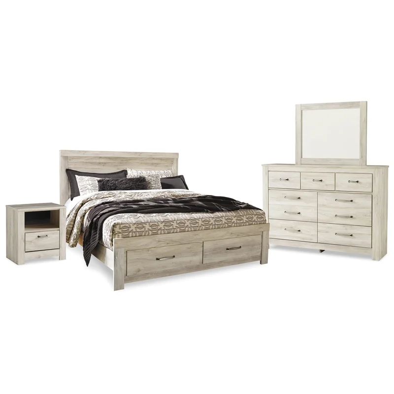 Bellaby King Platform Bed with 2 Storage Drawers with Mirrored Dresser and Nightstand