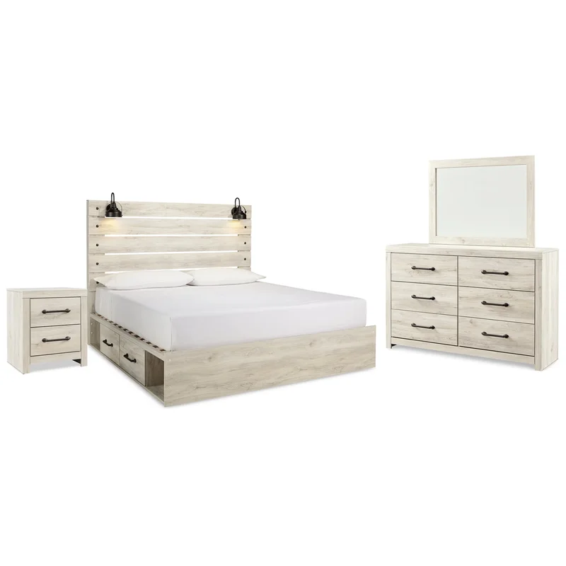 Cambeck King Panel Bed with 2 Storage Drawers with Mirrored Dresser and Nightstand