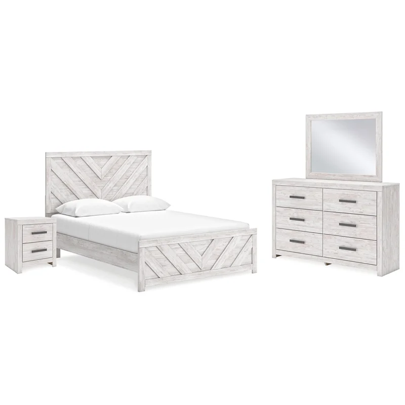 Cayboni Queen Panel Bed with Mirrored Dresser and Nightstand
