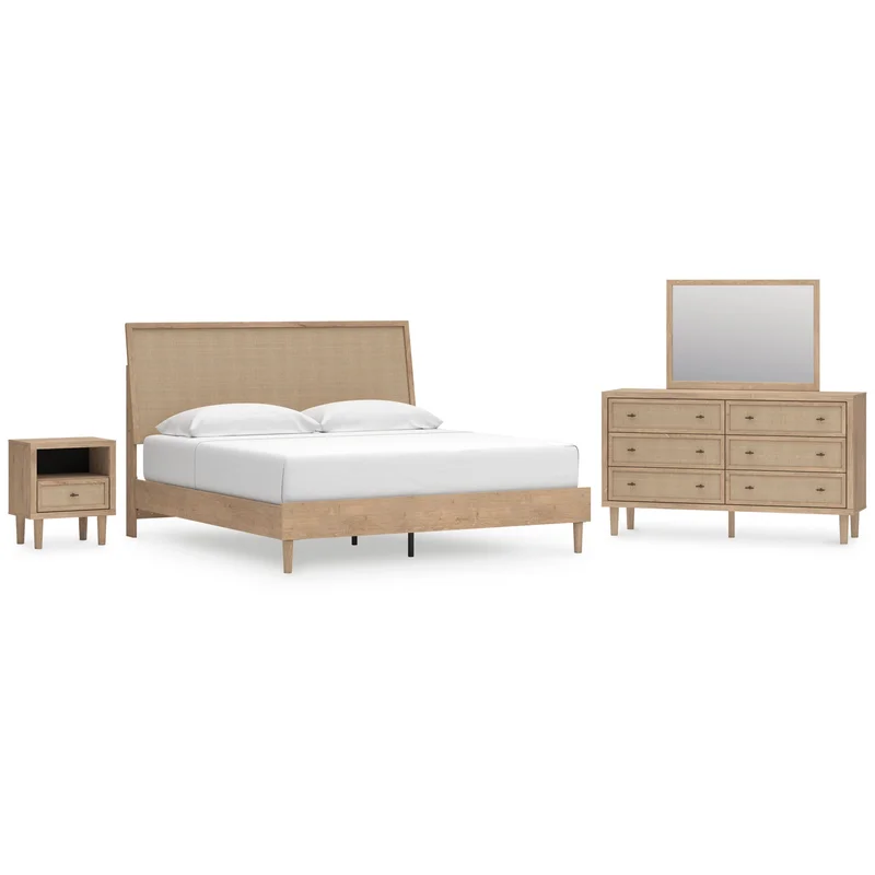 Cielden King Panel Bed with Mirrored Dresser and Nightstand