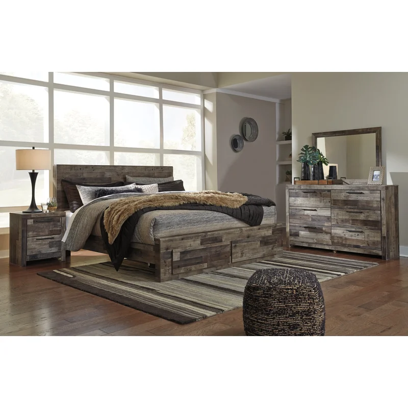 Derekson King Panel Bed with 2 Storage Drawers with Mirrored Dresser and Nightstand