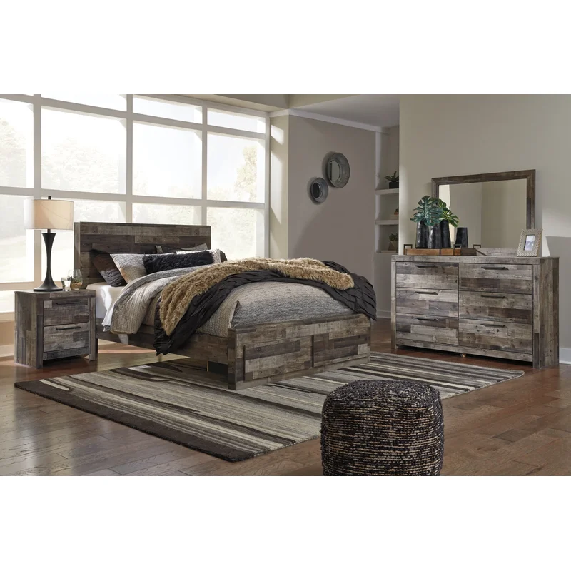 Derekson Queen Panel Bed with 2 Storage Drawers with Mirrored Dresser and Nightstand