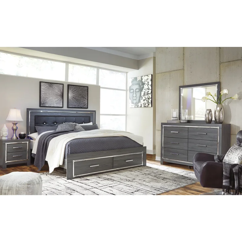 Lodanna King Panel Bed with 2 Storage Drawers Dresser Mirror and Nightstand