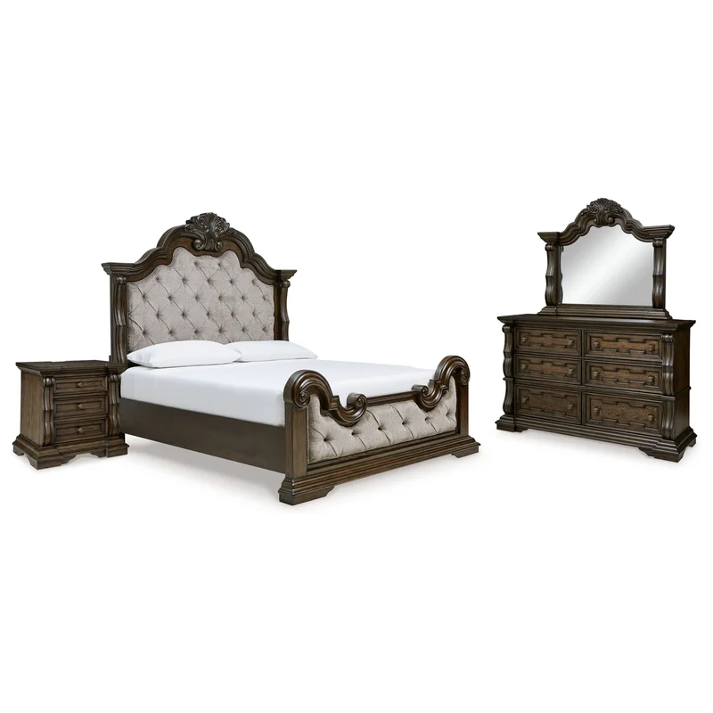 Maylee California King Upholstered Bed with Mirrored Dresser and Nightstand