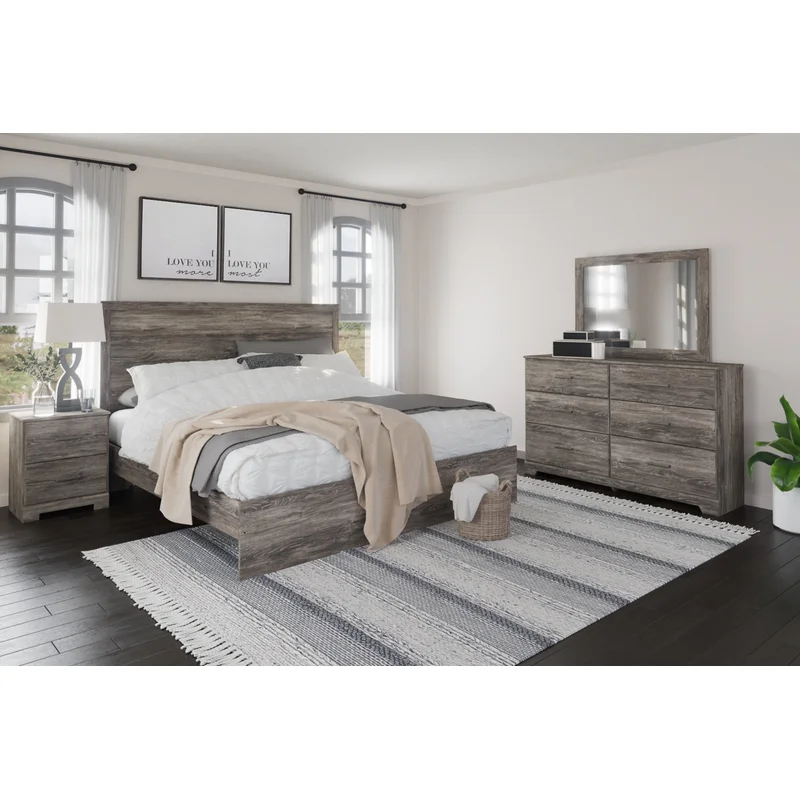 Ralinksi King Panel Bed with Mirrored Dresser and Nightstand