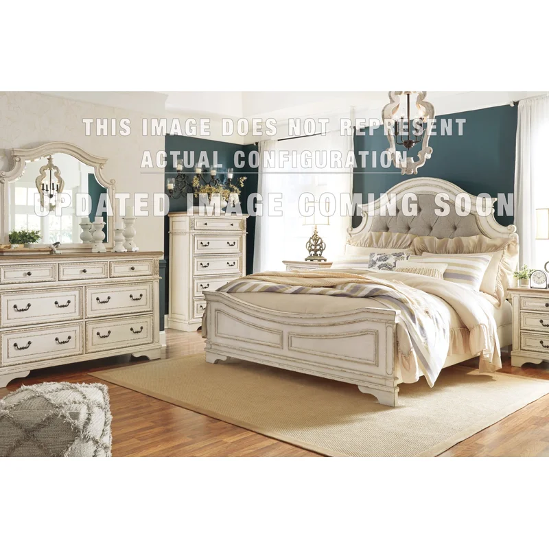 Realyn Queen Upholstered Panel Bed Dresser Mirror and Nightstand