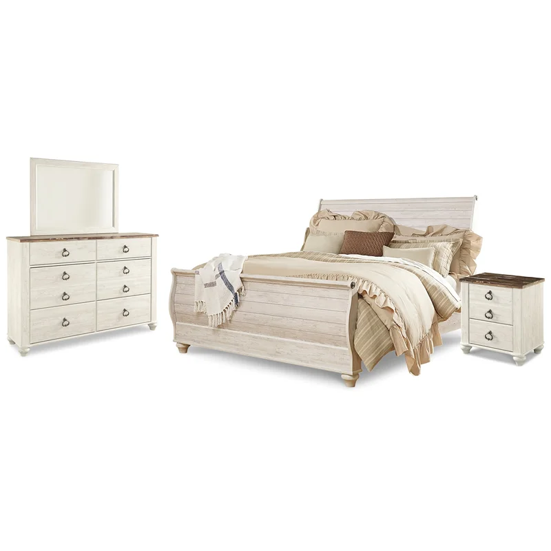 Willowton King Sleigh Bed with Mirrored Dresser and Nightstand