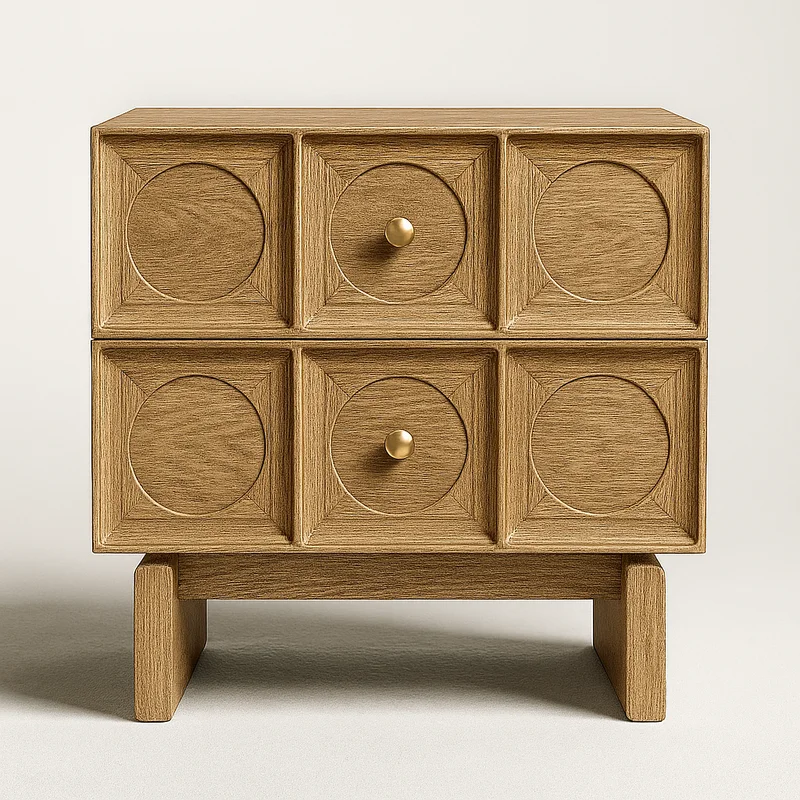 Amelia Solid Oak Wood & Oak Veneer Large Nightstand with Brass Handles
