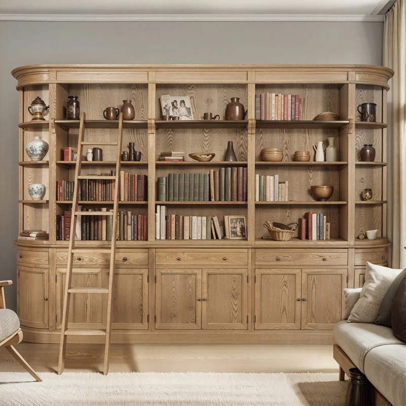 French Provincial Natural Buffet and Hutch Bookcase Sideboard Cabinet with Ladder (Pre-order extra $500 Early Bird discount)