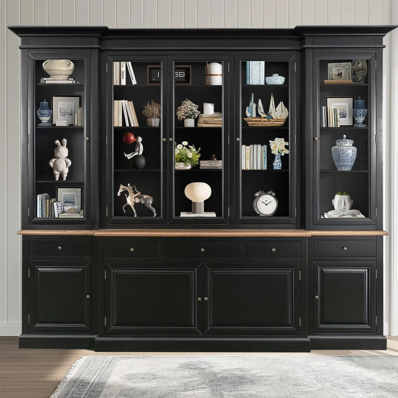 Hamptons Buffet & Hutch Glass Door Library Bookcase/ Display Cupboard with Oak Timber Top (Black/White)