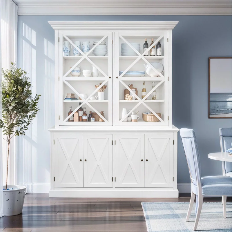 Hamptons Coastal Beach Style Cross Glass Door Hutch Display Cabinet & Buffet Bookcase Cupboard