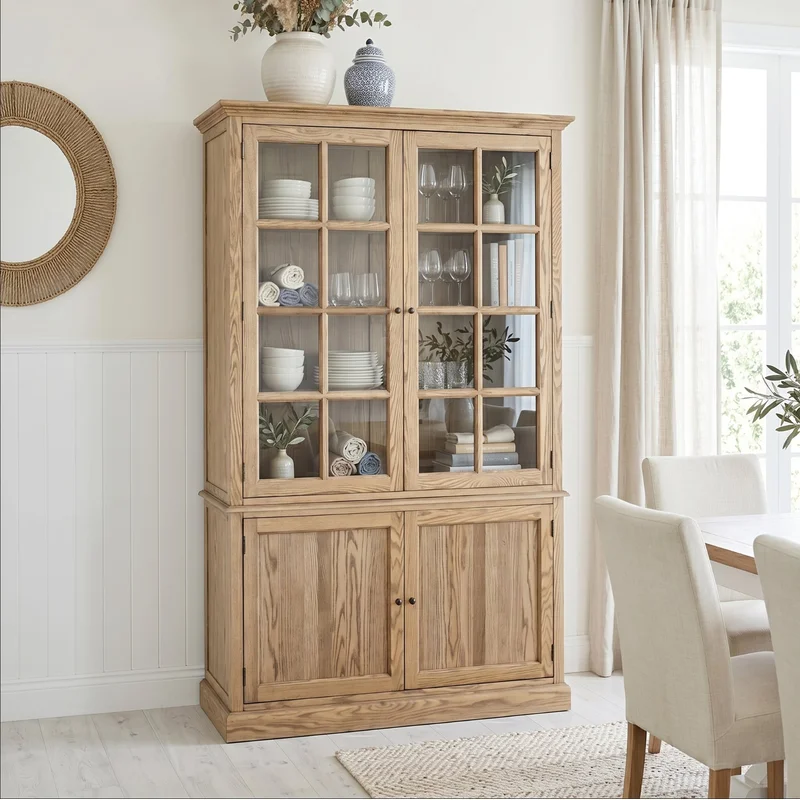 Hamptons Coastal Hutch Glass Display Cabinet Bookcase and Buffet Cupboard