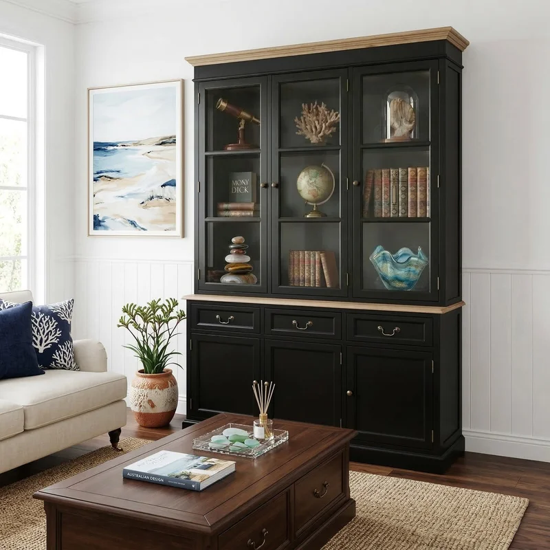 Hamptons Sorrento Buffet and Hutch Glass Display Bookcase