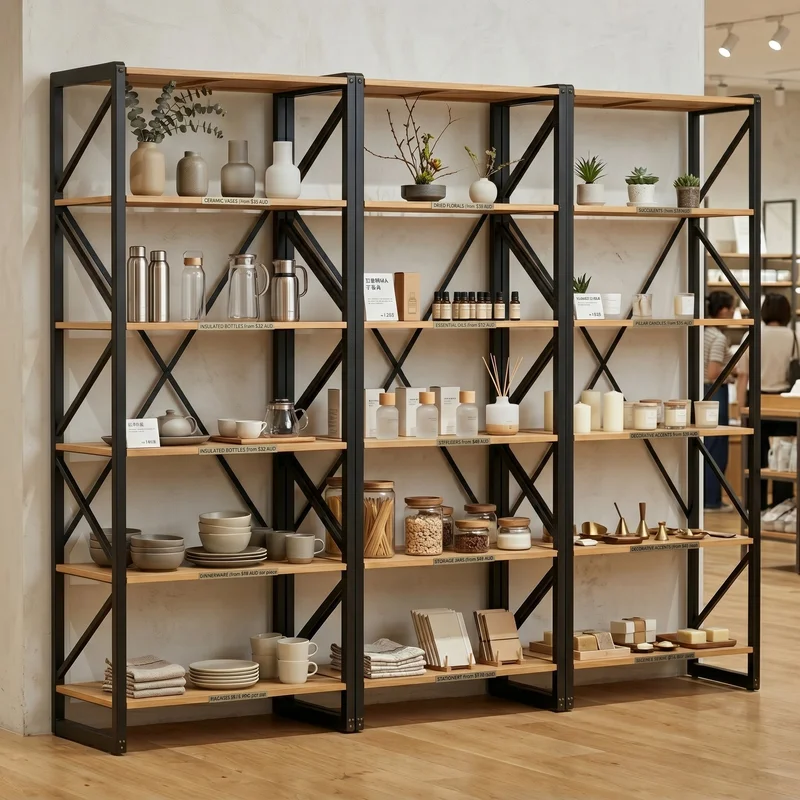 Urban Living Style 5-Tier Open Bookcase Natural Oak Shelves with Black Iron Cross-Back Frame