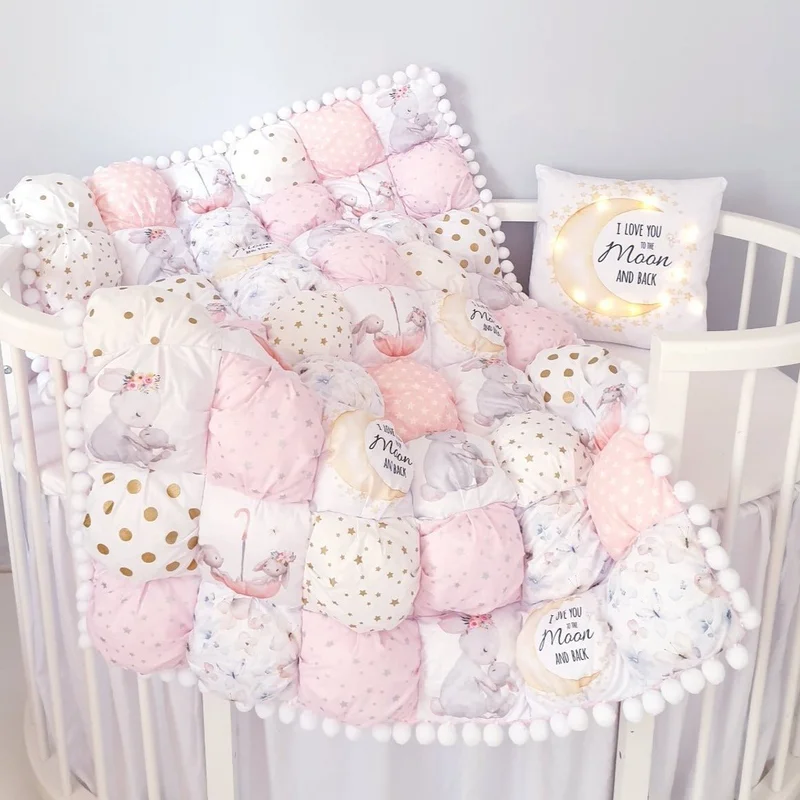 Patchwork Quilt Crib Blanket for Baby Girl Pink Customized Baby Blanket With Pillow