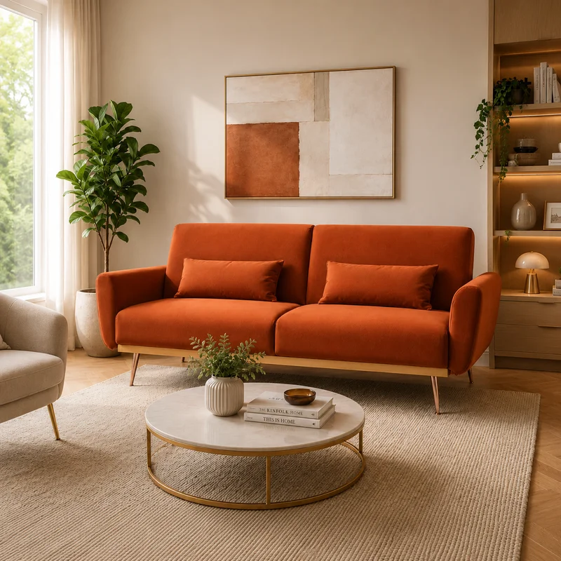 2 Seater Eva Burnt Orange Velvet Sofa Bed