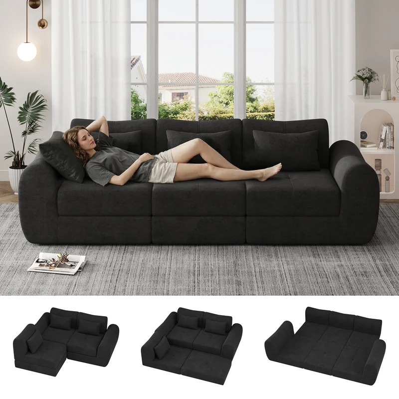 102" Modular Sectional Sofa with Chaise 4-in-1 Modern Boneless Couch 3 Seater Sofa with Extra Deep Seats Folding Convertible Sofa BedSuitable for Living RoomBedroom and Recreation Room (Black)