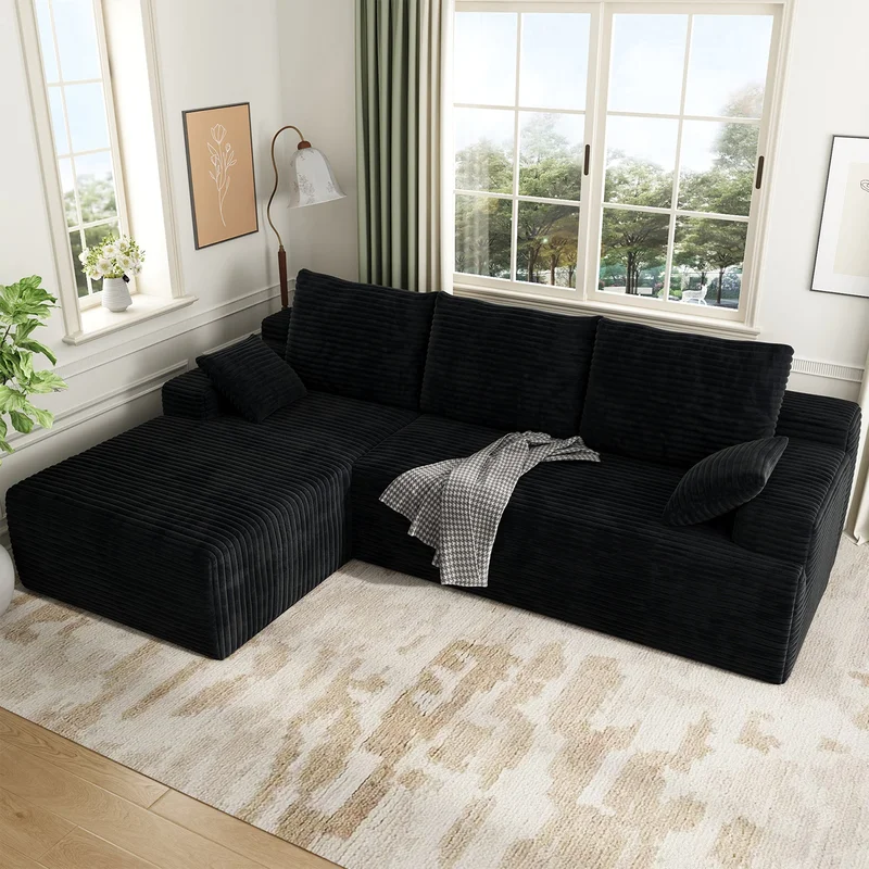 104" Cloud Sectional Couch with L-Shape Chaise Modern Modular Sofa with Deep Seat Upholstered Couches with Back Cushion for Living Room Bedroom No Assembly Required Dark Black (Corduroy Fabric)