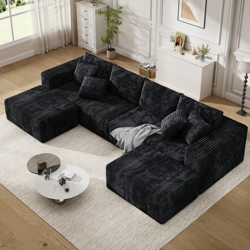 137" Cloud Sectional Couch Modular U-Shaped sectional sofa with Chaise and Ottoman Modern Minimalist Sleeper Couch with Deep seats L Shaped for Living Room Plush Corduroy Sofa no assembly Black