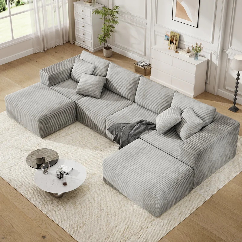 137" Cloud Sectional Couch Modular U-Shaped sectional sofa with Chaise and OttomanModern Minimalist Sleeper Couch with Deep seats L Shaped for Living RoomPlush Corduroy Sofano assemblyWhite Gray