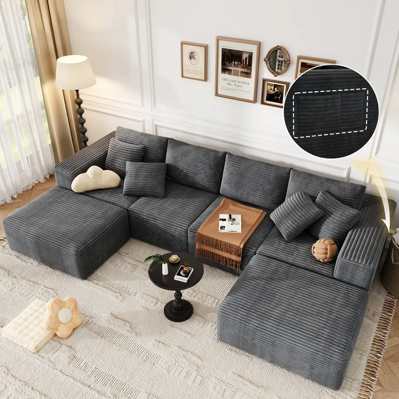 137 Inch Charcoal Cloud Sectional Sofa forf living room No Sagging Foam U-Shaped Modular Couch Big Couch Includes 4 Back Cushions & 4 Pillows No Assembly Required