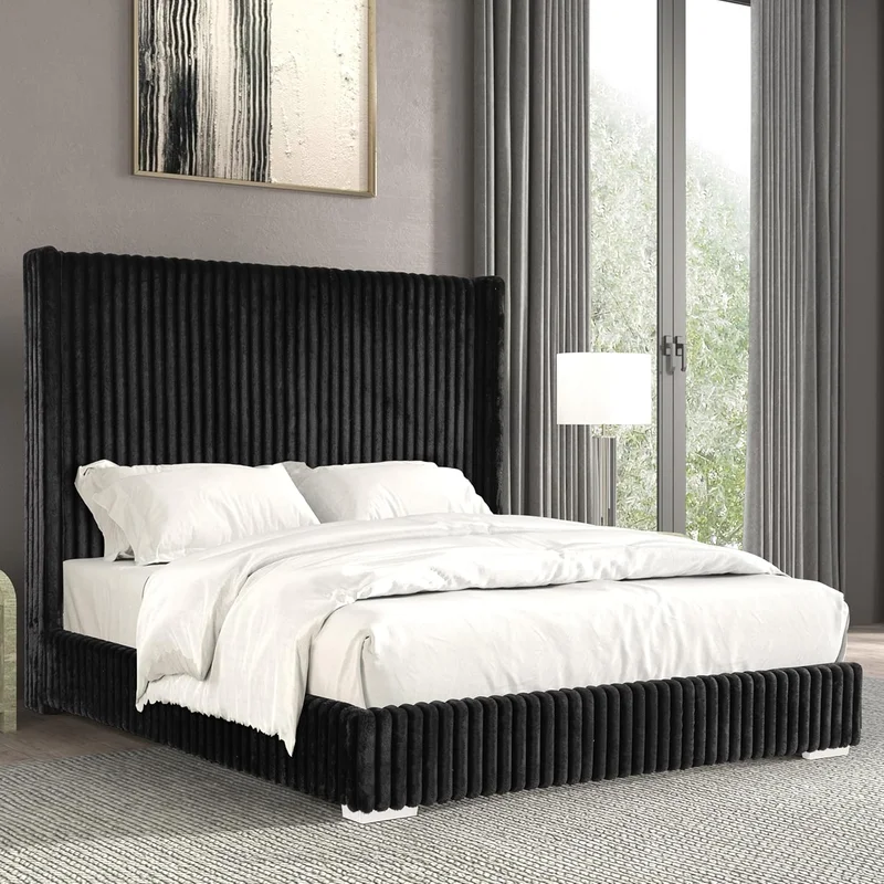 Cadwell King Size Contemporary Fur Chenille Platform Bed with 68" Headboard Black
