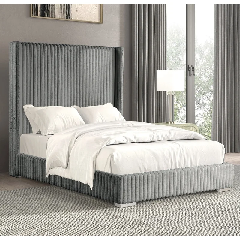 Cadwell King Size Contemporary Fur Chenille Platform Bed with 68" Headboard Gray