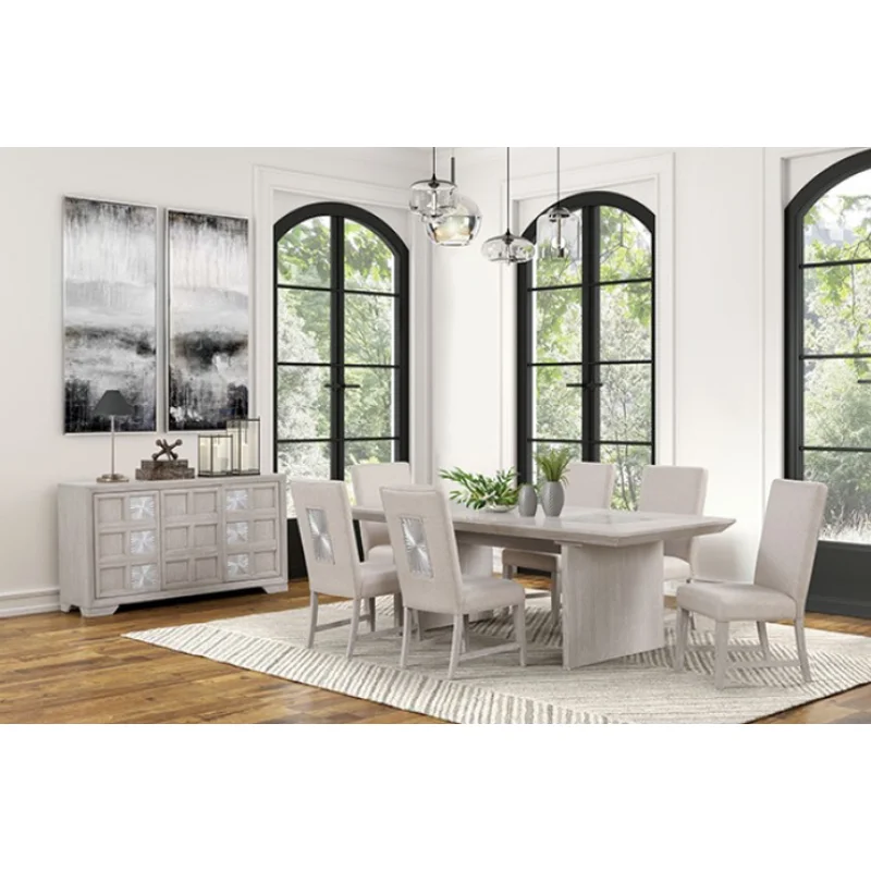 Argenthart Transitional 7PC Sunburst Pattern Dining Set with Glass Light Gray