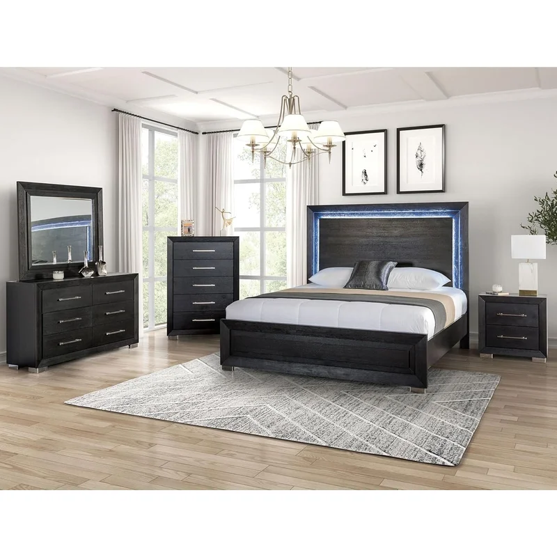 Ashbourne Contemporary Solid Wood Queen Bedroom Set - Black & Chrome