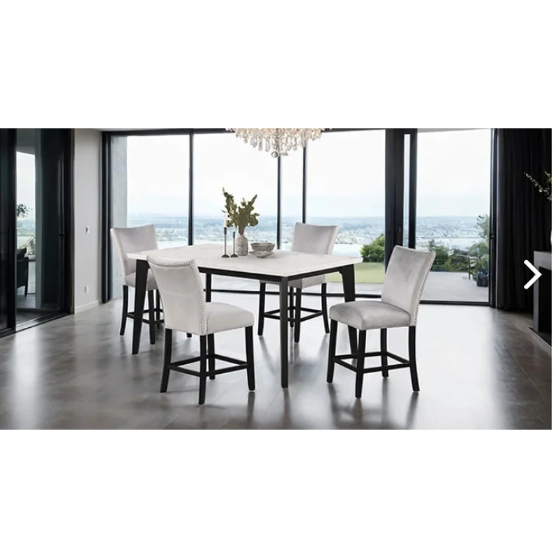Sabro 5PC Marble Top Counter Height Dining Set with Velvet Chairs Black & White