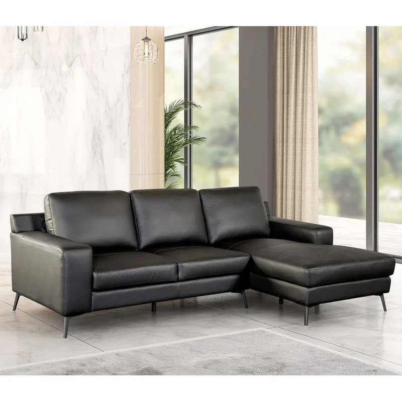 Stordal Contemporary Leather Sectional with Angled Legs - Black