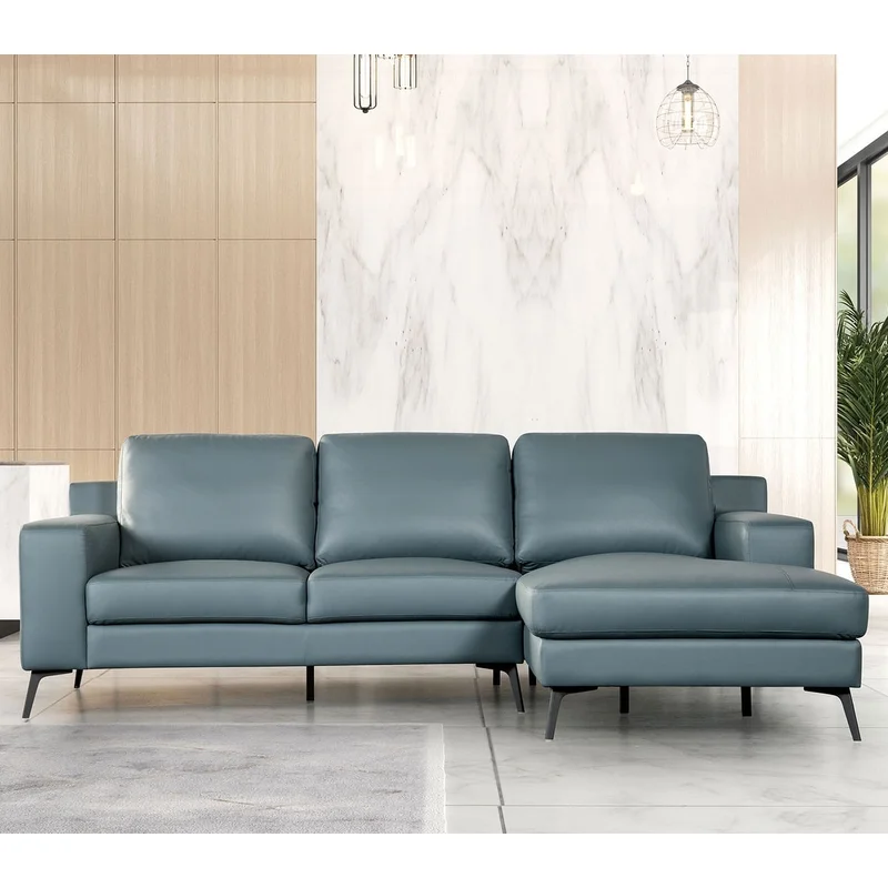 Stordal Contemporary Leather Sectional with Angled Legs - Blue