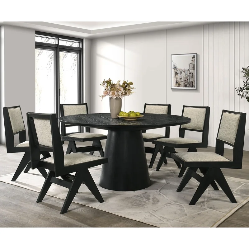 Tottenham Modern 7-Piece Black Solid Wood 59-inch Round Dining Set