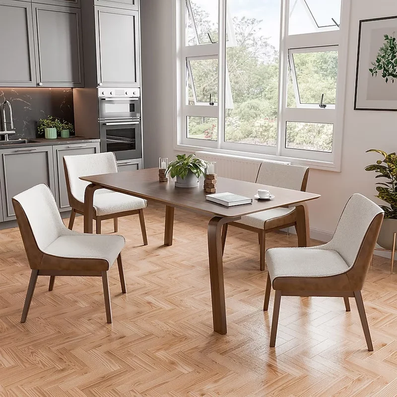 Viken Mid-Century Modern 5-Piece Dining Set - Walnut & Beige Boucle