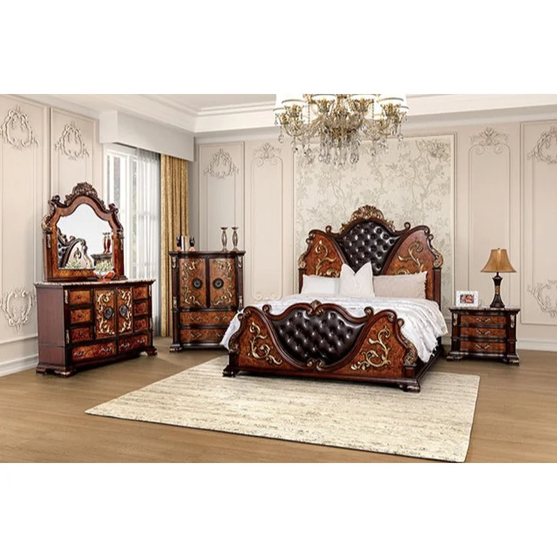 Aquilina Traditional King Bedroom Set with Tufted Headboard & Gold Carved Details