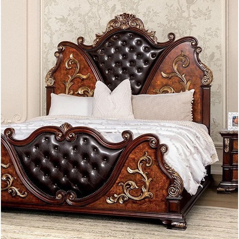 Aquilina Traditional Queen Bed with Tufted Headboard & Gold Carved Details