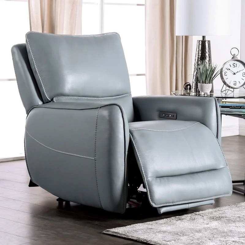 Phineas Leather Power Reclining Chair - Pale Blue