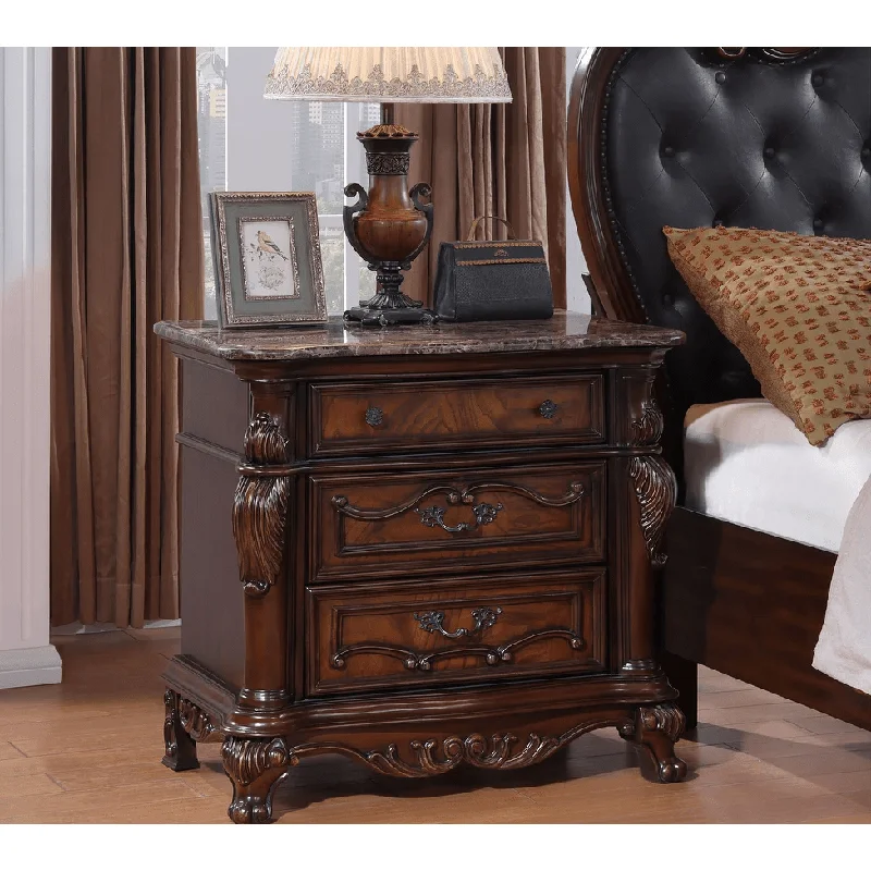 Ventresca Traditional 3-Drawer Nightstand with Sintered Stone Top in Dark Cherry