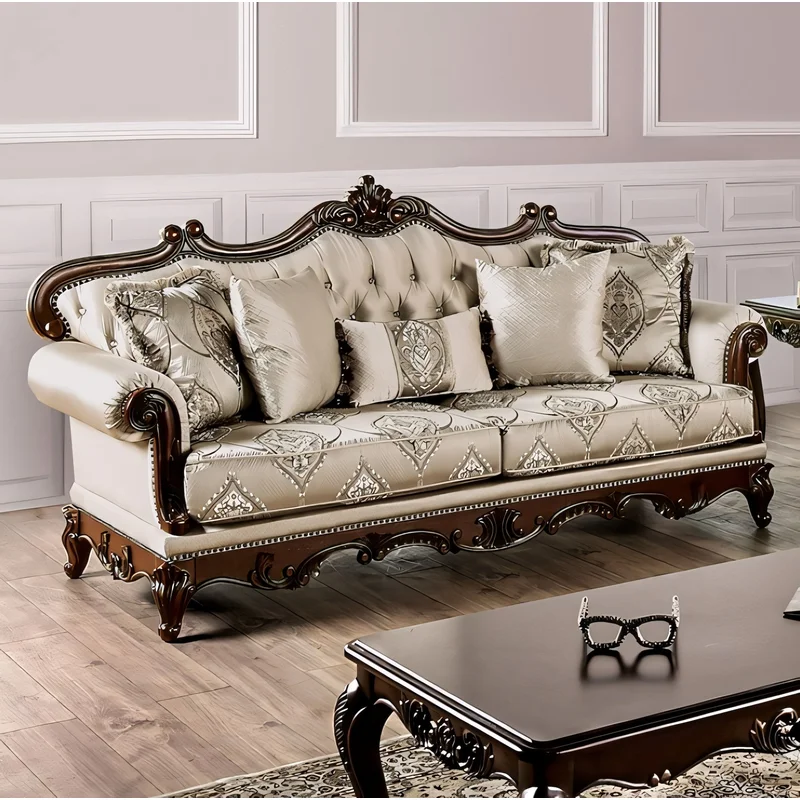 Veracruz Traditional Sofa with Wood Trim - Beige & Dark Cherry