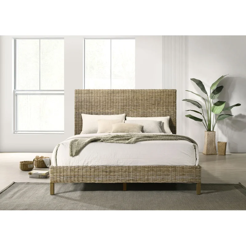 Zyla Woven Rattan Queen Panel Bed Kubu Grey