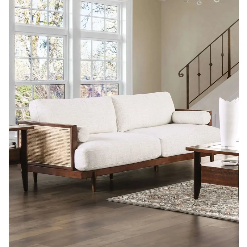 Alesund Mid-Century Modern Sofa with Rattan Accents - Beige & Walnut