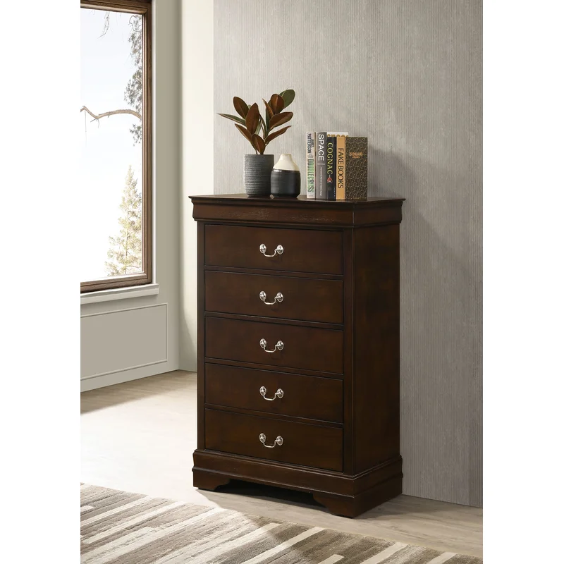 Wyoming Cappuccino Finish 5 Drawer Chest w- Silver Bail Handles