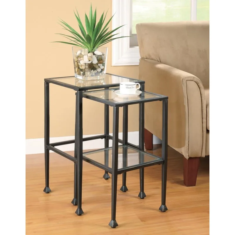 2-Piece Glass Top Nesting Tables Black