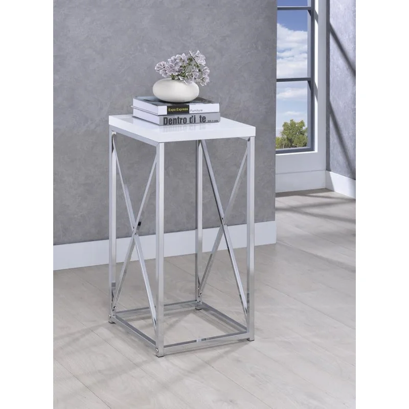 Accent Table With X-Cross Glossy White And Chrome