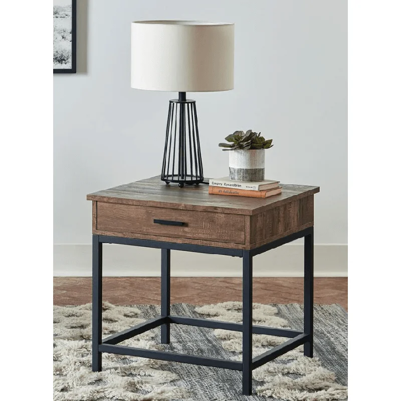 Square 1-drawer End Table Brown Oak and Sandy Black
